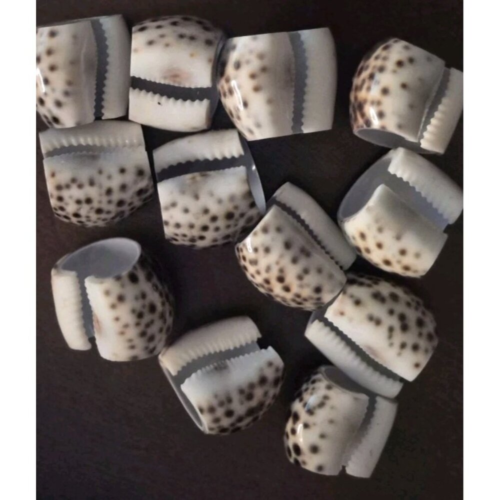 Set Of (12) 1iger Leopard Cowrie Shell Starburst Hand Carved Napkin Rings - Picture 4 of 9